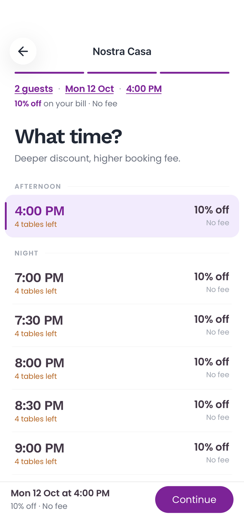 Chefz Mate app: choosing a booking time